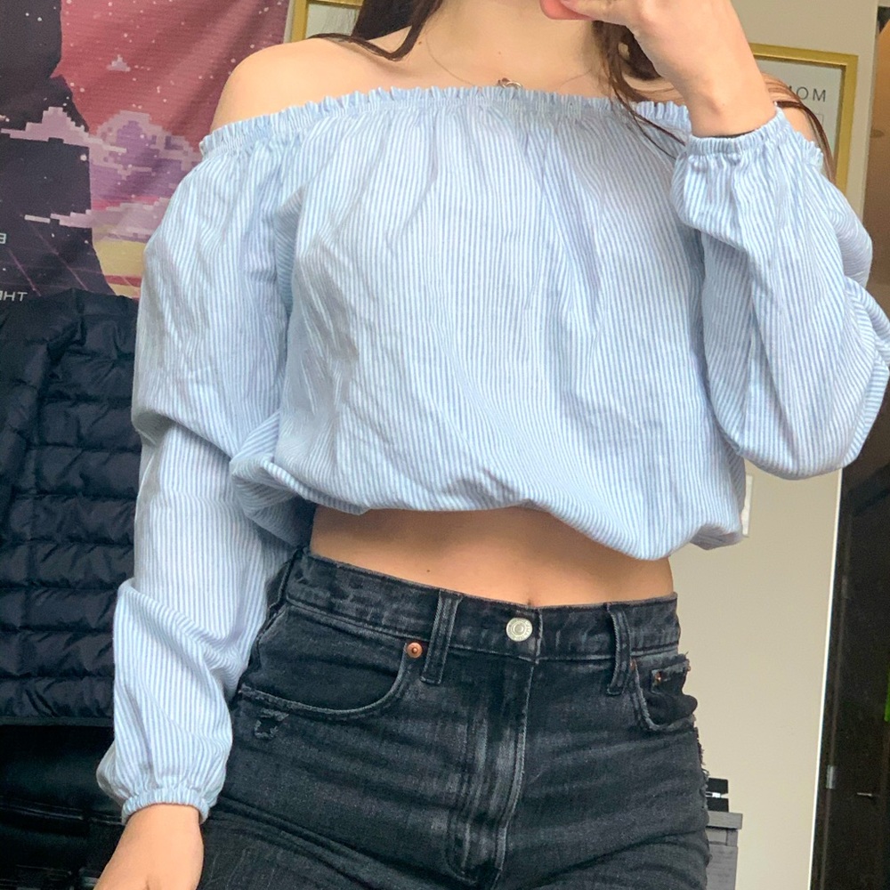 Brandy blue/white striped off-the-shoulder top